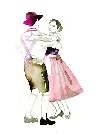 Illustration eines tanzenden Paares in Tracht. Bild: Tina Berning.